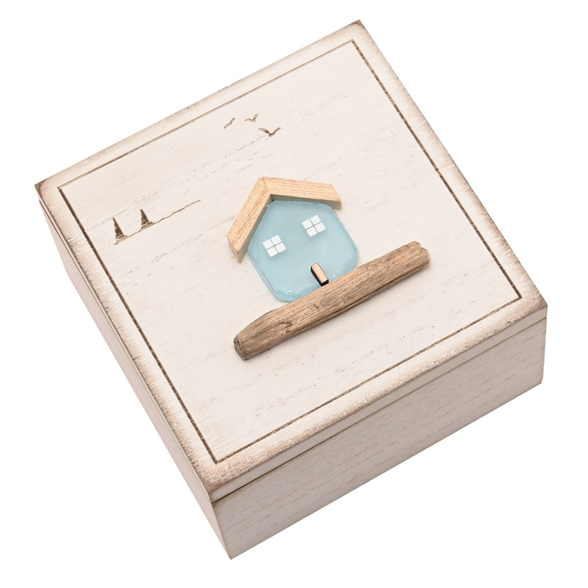 Square Sea Glass House Trinket Box with hinged lid in white, featuring a pale blue glass house with wooden roof on the lid, engraved birds and trees, on a plain white background.