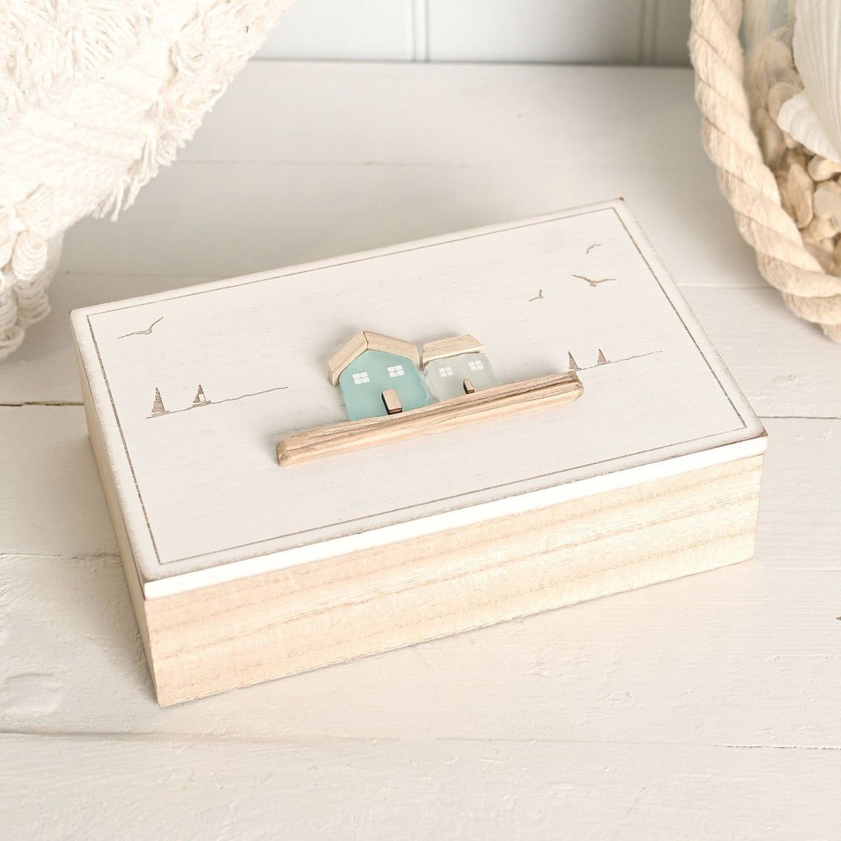 Coastal Storage Box with 2 Sea Glass Houses - White & Natural