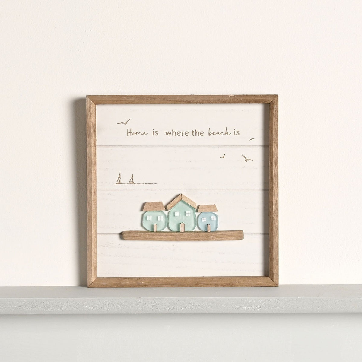 3 Houses Framed MDF Plaque with Sea Glass - White & Natural