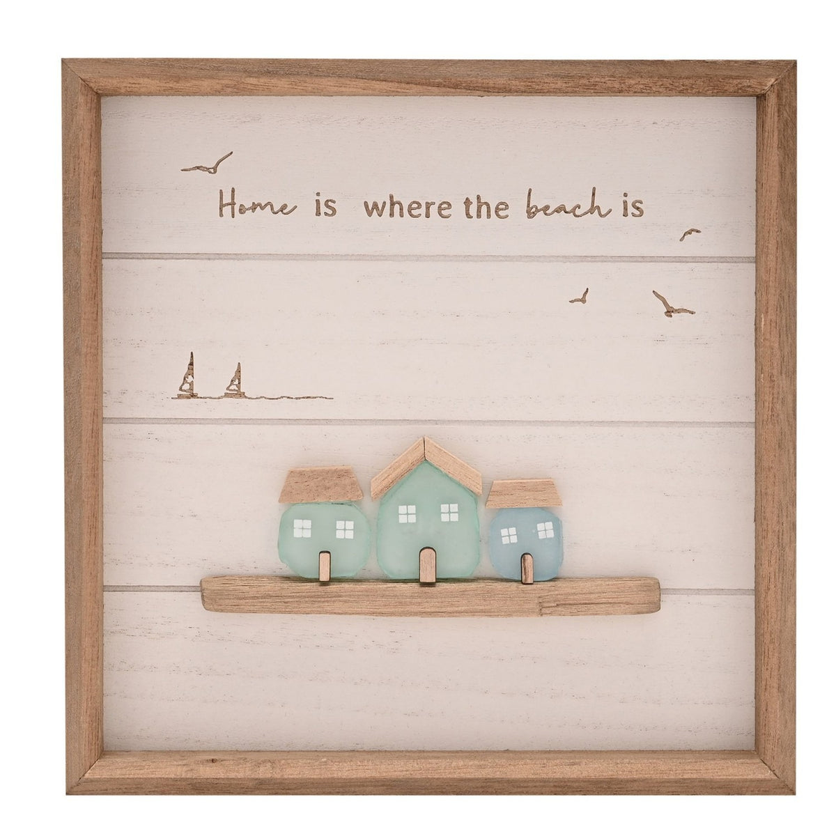 3 Houses Framed MDF Plaque with Sea Glass - White & Natural