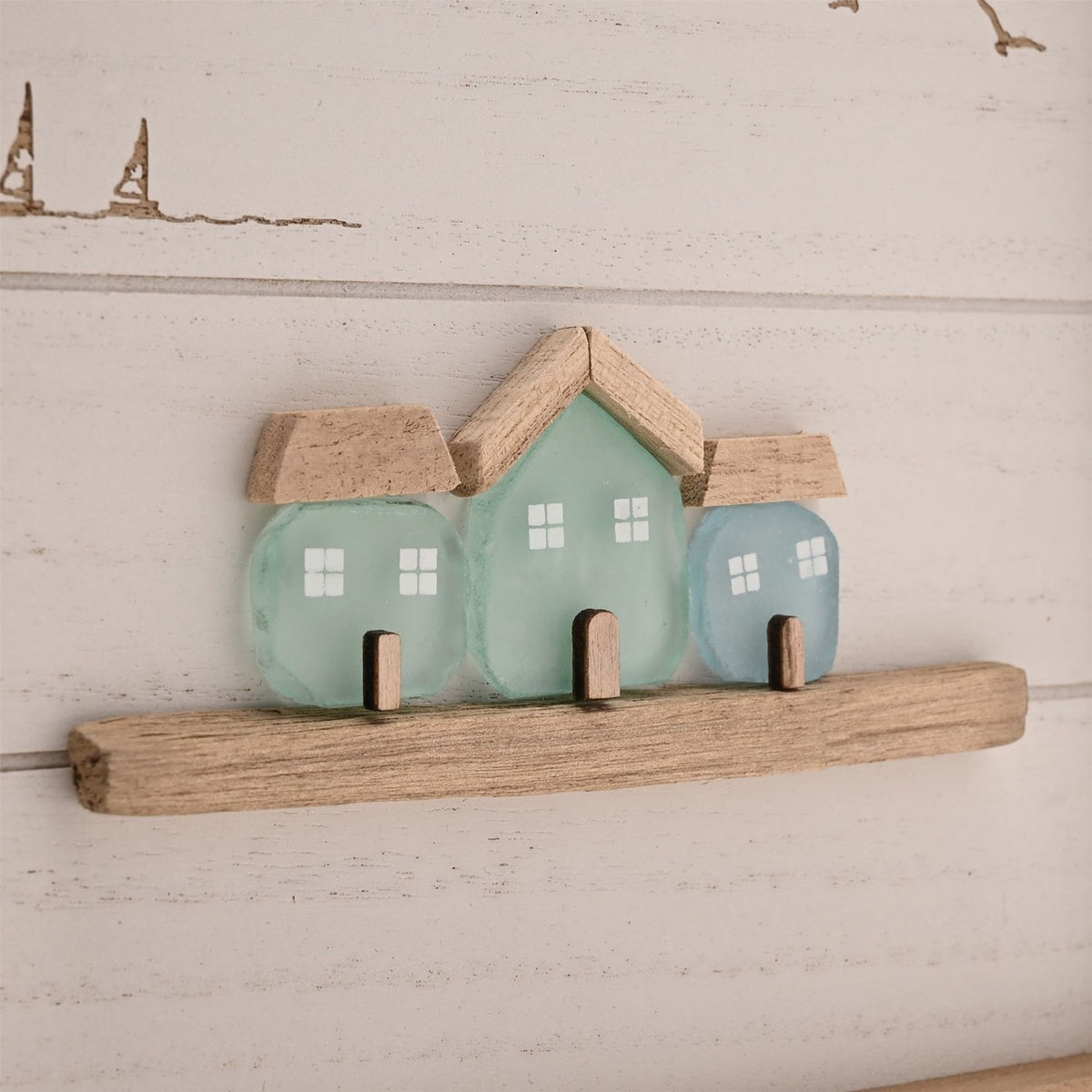 3 Houses Framed MDF Plaque with Sea Glass - White & Natural