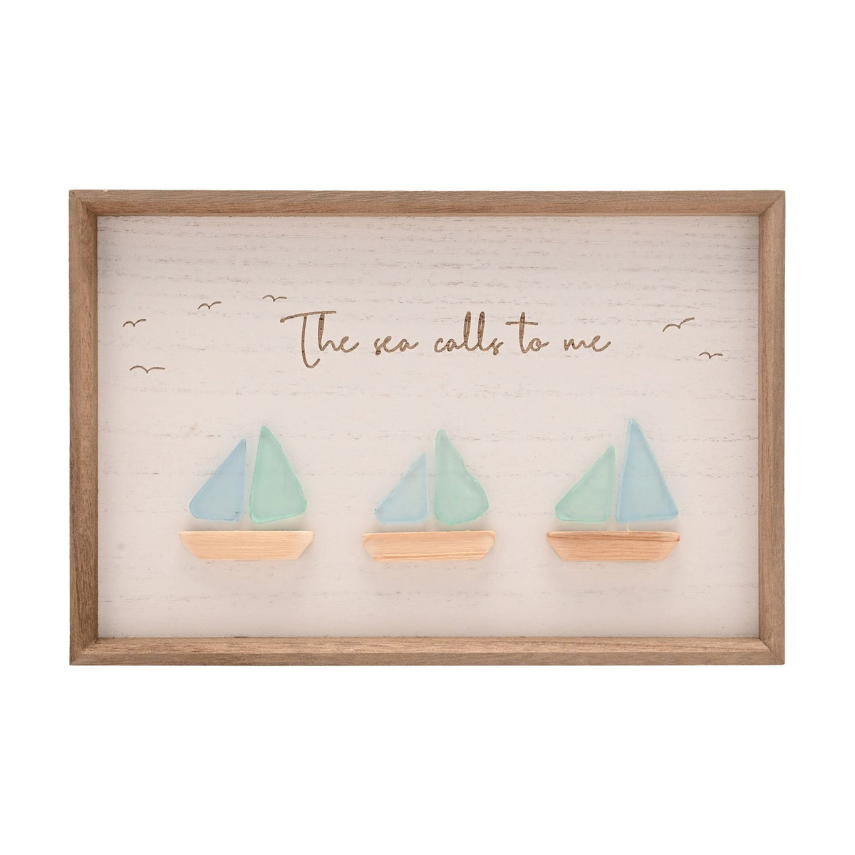 Framed MDF Plaque with 3 Sea Glass Boats - White & Natural