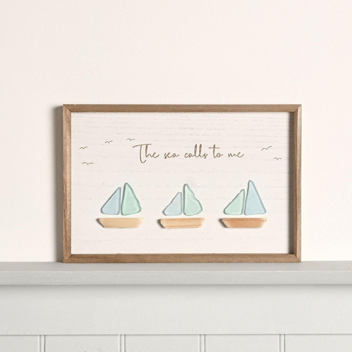 Framed MDF Plaque with 3 Sea Glass Boats - White & Natural