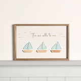 Framed MDF Plaque with 3 Sea Glass Boats - White & Natural