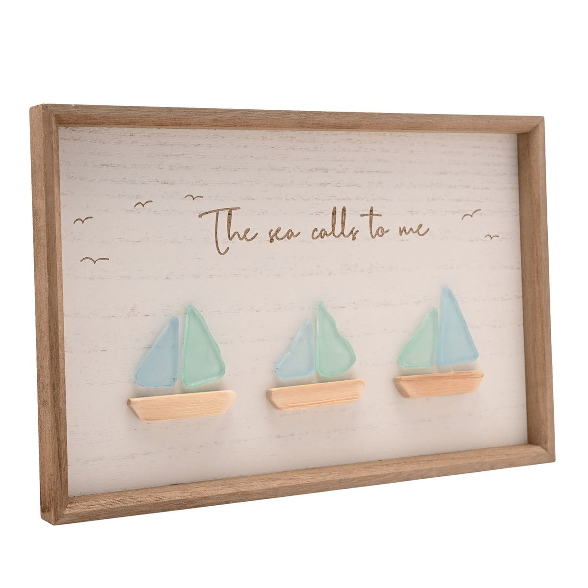 Framed MDF Plaque with 3 Sea Glass Boats - White & Natural