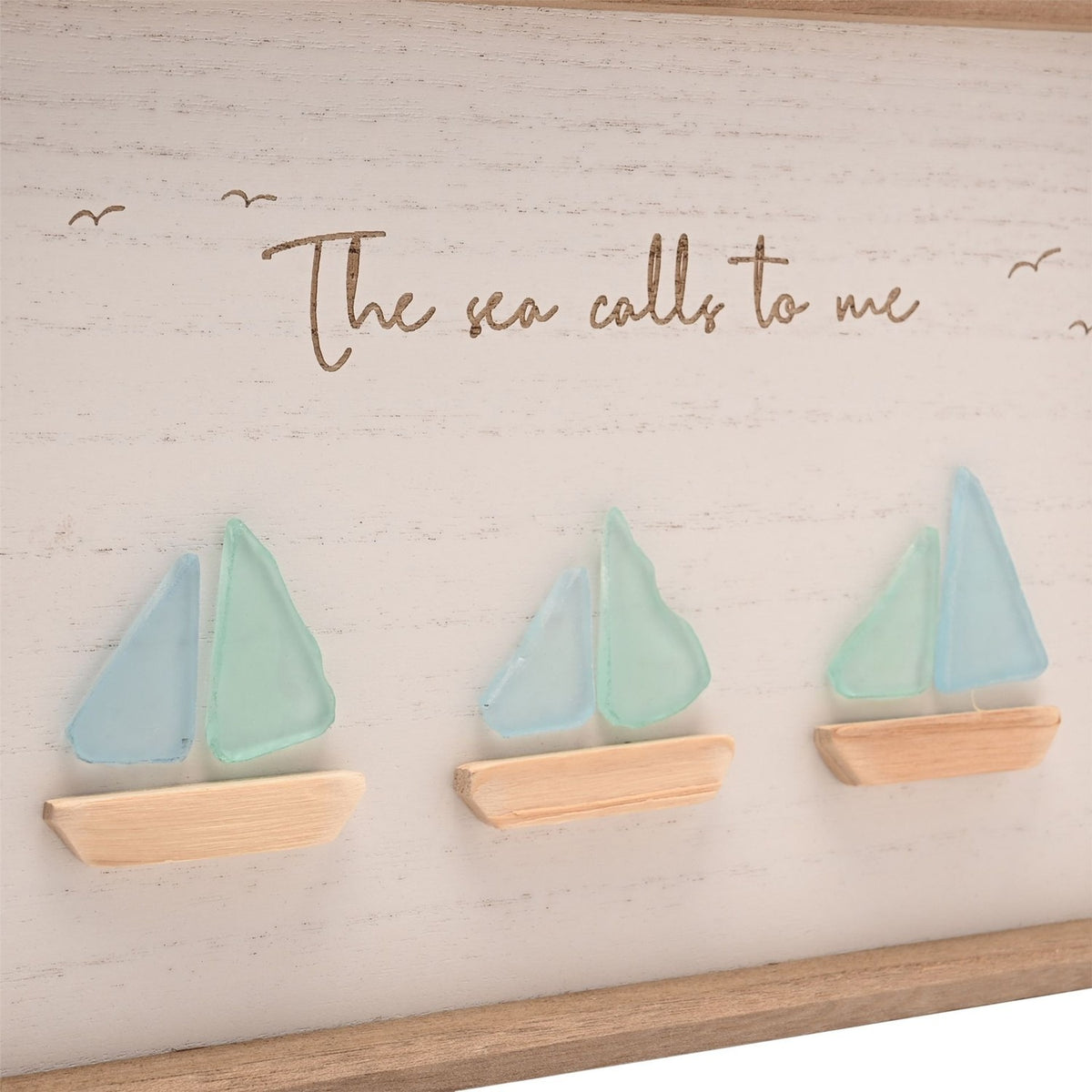 Framed MDF Plaque with 3 Sea Glass Boats - White & Natural