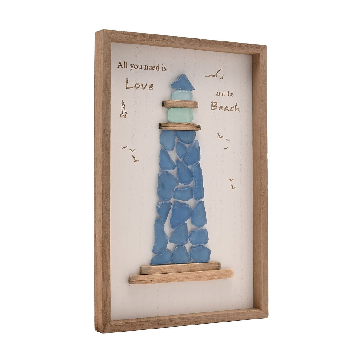 Large Sea Glass Lighthouse Framed Plaque - White & Natural