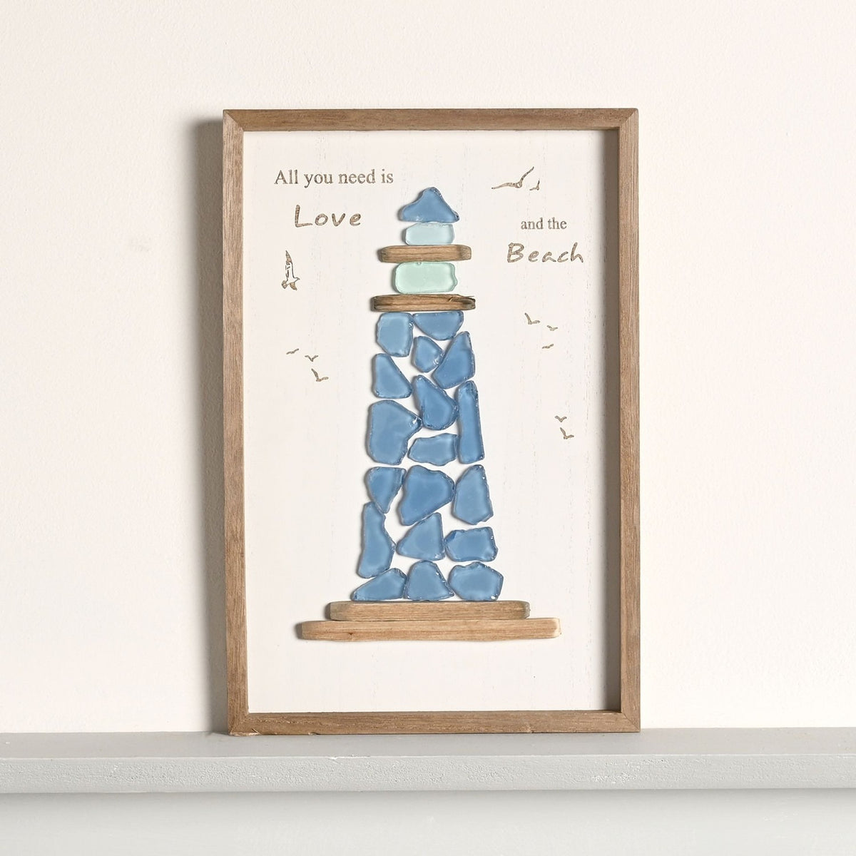 Large Sea Glass Lighthouse Framed Plaque - White & Natural