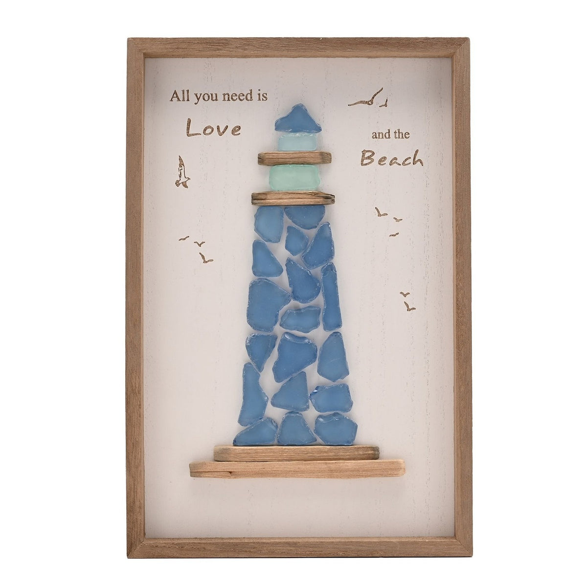 Large Sea Glass Lighthouse Framed Plaque - White & Natural