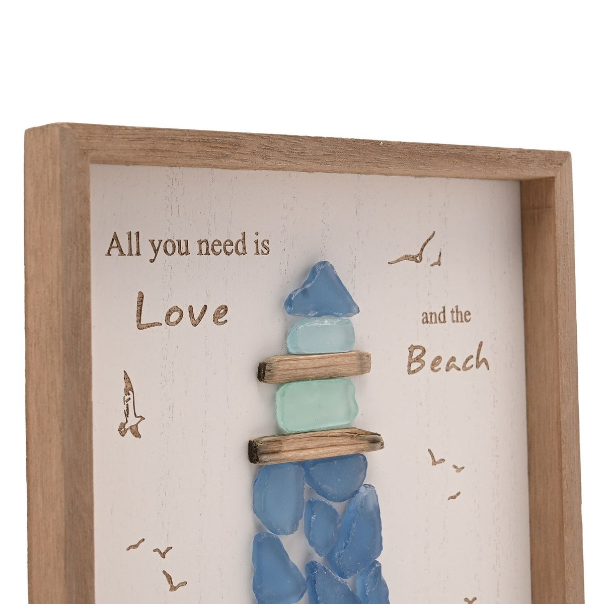Large Sea Glass Lighthouse Framed Plaque - White & Natural