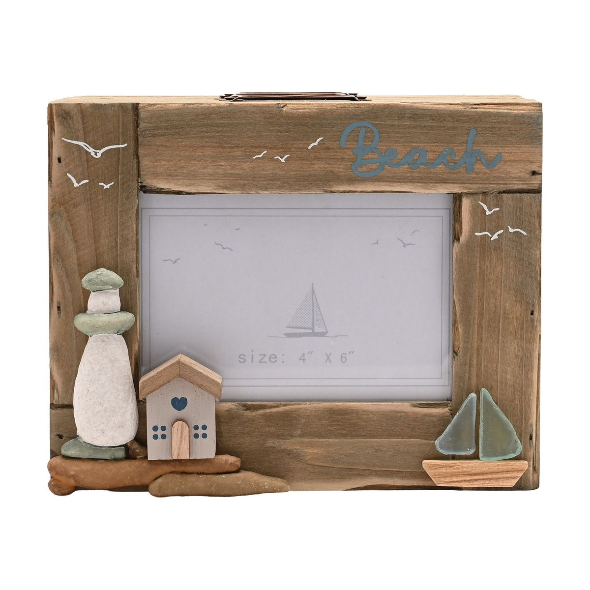 Natural wood driftwood trinket box with a 4x6 photo window, rustic plank frame, Beach script, gull details, pebble lighthouse, tiny house, and sea glass sailboat, on white background.