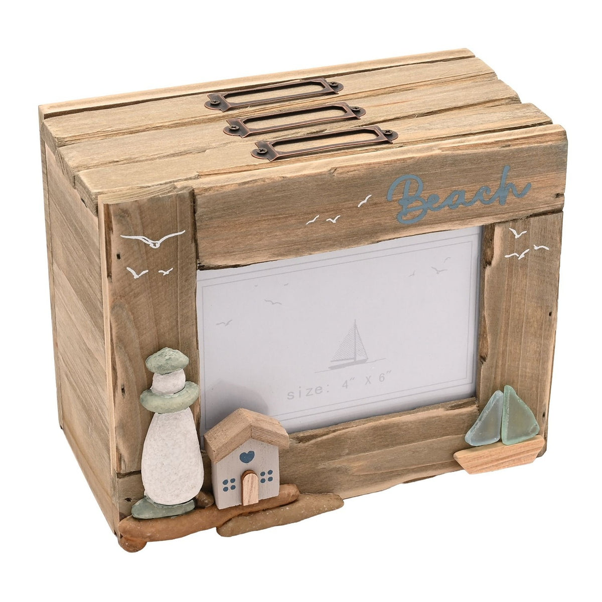 Beach Driftwood Photo Trinket Box in natural wood, with "Beach" text, a pebble lighthouse, wooden house, sea glass sailing boat, and a 4"x6" picture window, shown on a white background.