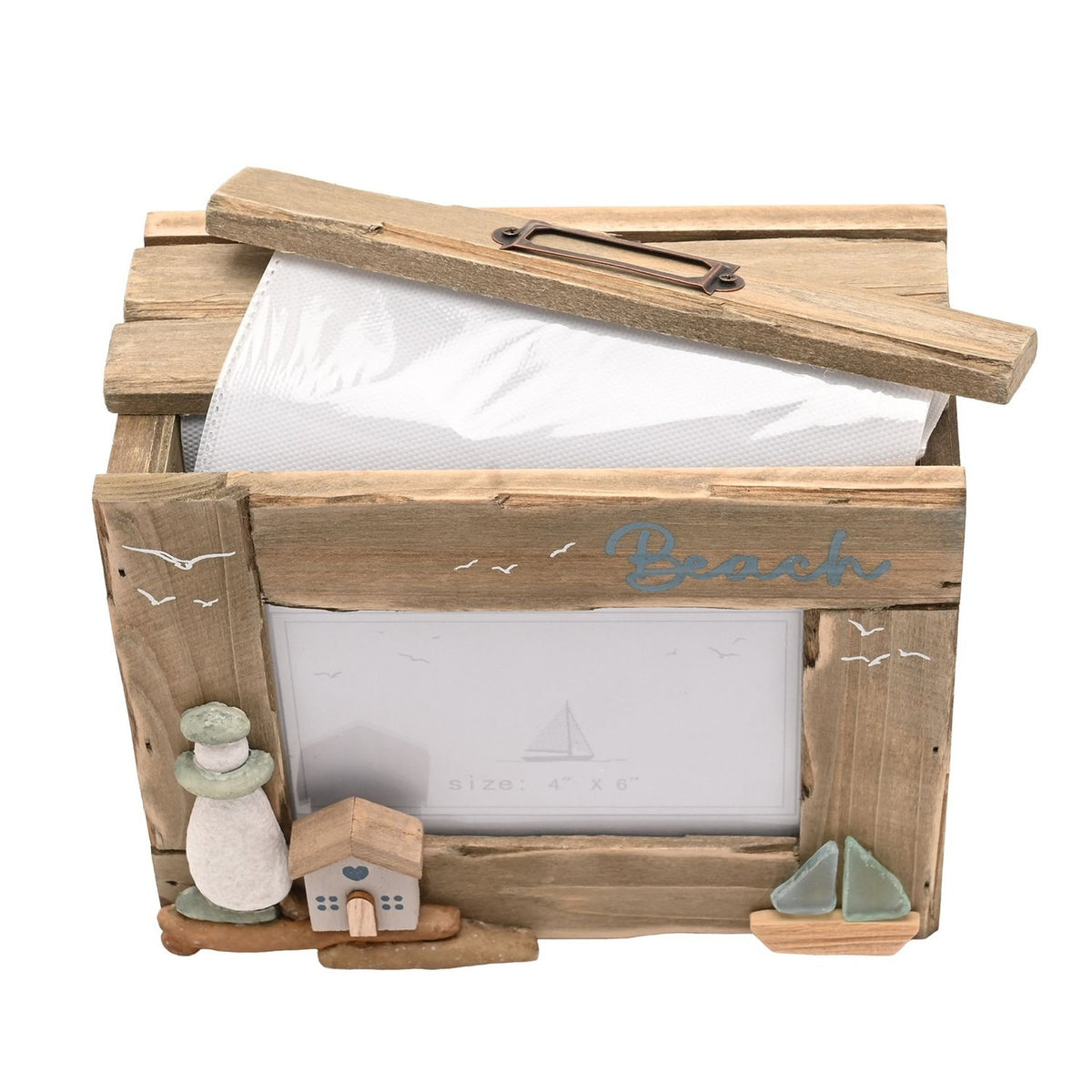 Natural wood beach driftwood photo trinket box with sea glass, 4x6 picture window, "Beach" script, pebble lighthouse, tiny house and sailboat, shown open with tissue paper on white background.