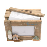 Natural wood beach driftwood photo trinket box with sea glass, 4x6 picture window, "Beach" script, pebble lighthouse, tiny house and sailboat, shown open with tissue paper on white background.