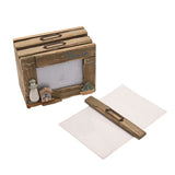 Beach Driftwood Photo Trinket Box with Sea Glass in natural wood, featuring a 4x6 picture window, lighthouse and house details, shown closed and open with blank photo cards on a white background.