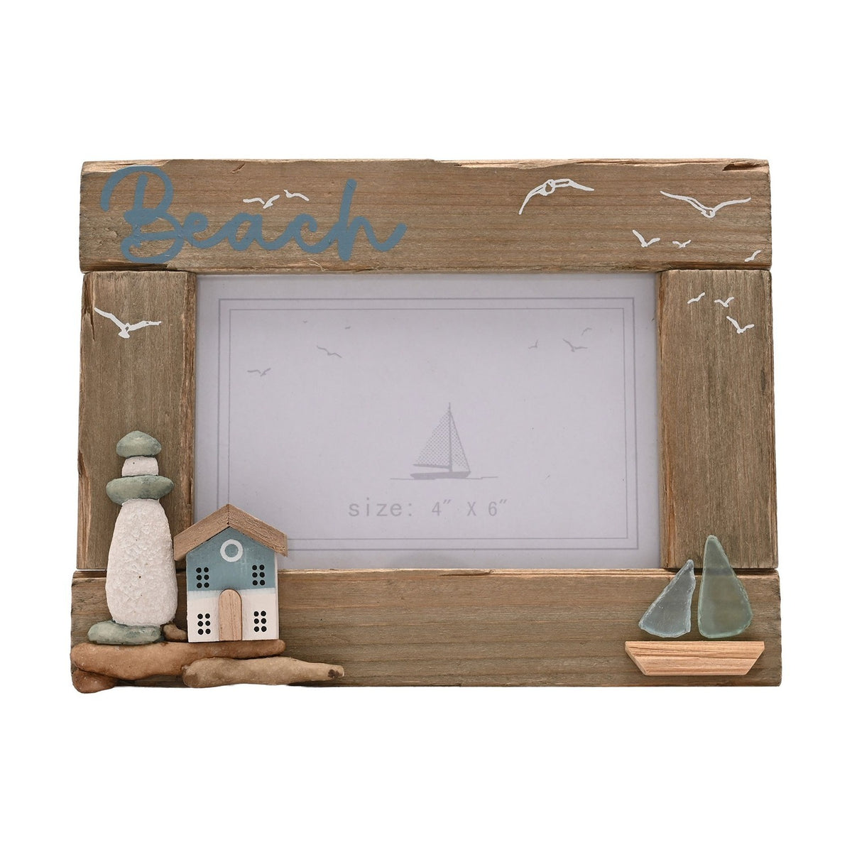 Beach Driftwood Photo Frame with Sea Glass Sails - Natural