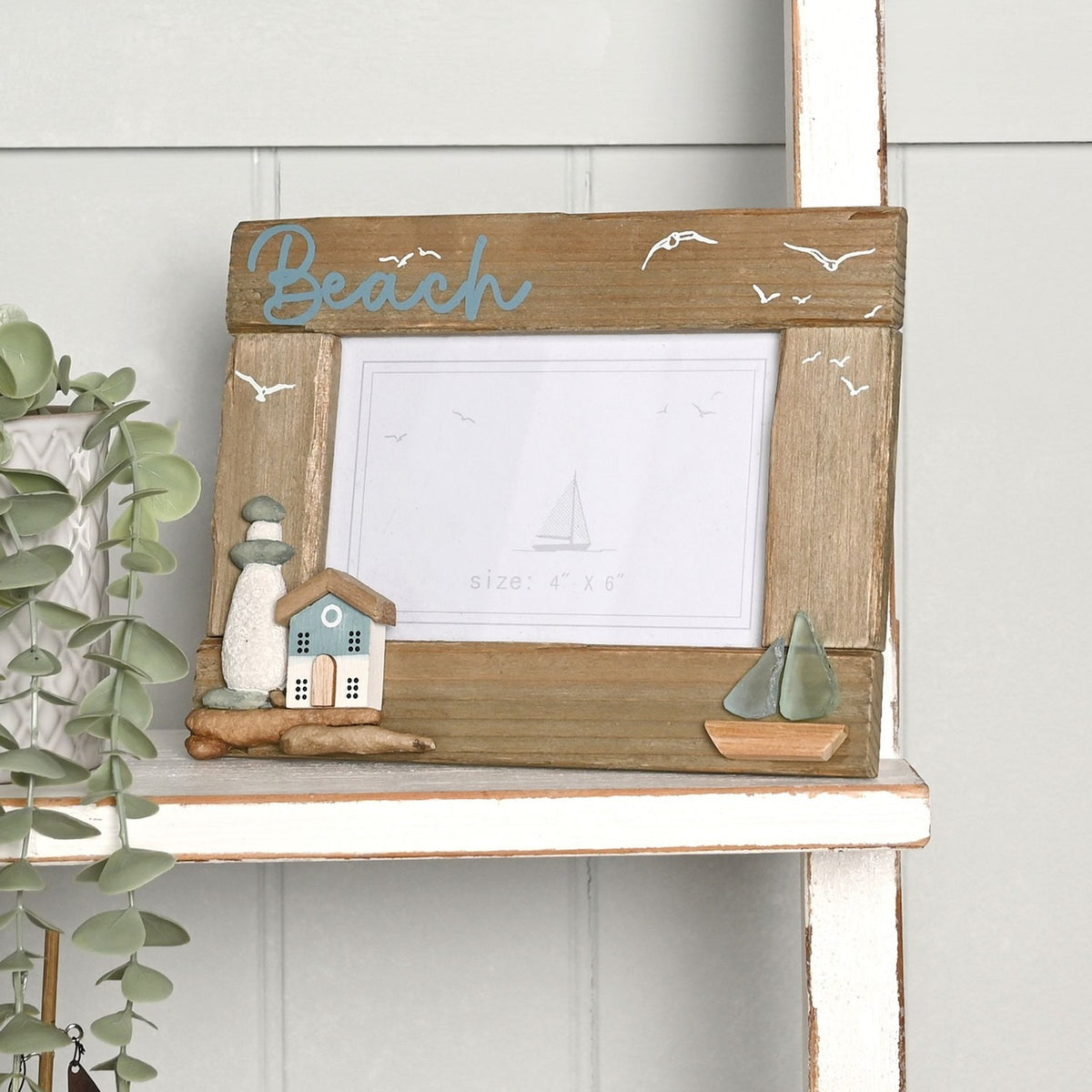 Beach Driftwood Photo Frame with Sea Glass Sails - Natural