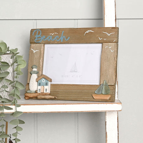 Beach Driftwood Photo Frame with Sea Glass Sails - Natural