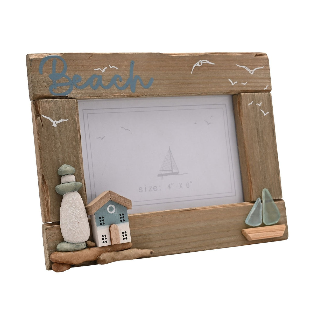 Beach Driftwood Photo Frame with Sea Glass Sails - Natural