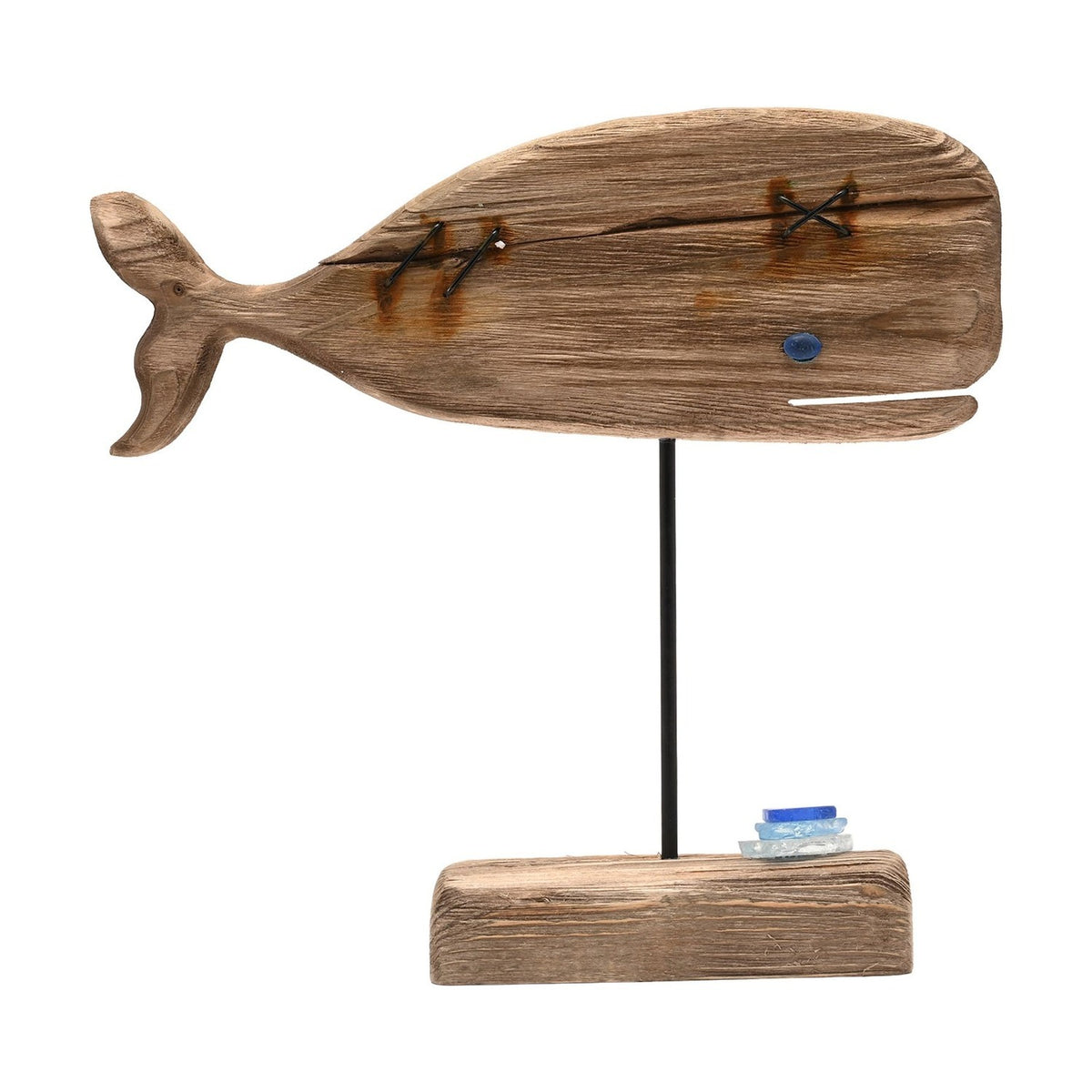 Whale Driftwood Ornament with Sea Glass 26.5cm - Natural