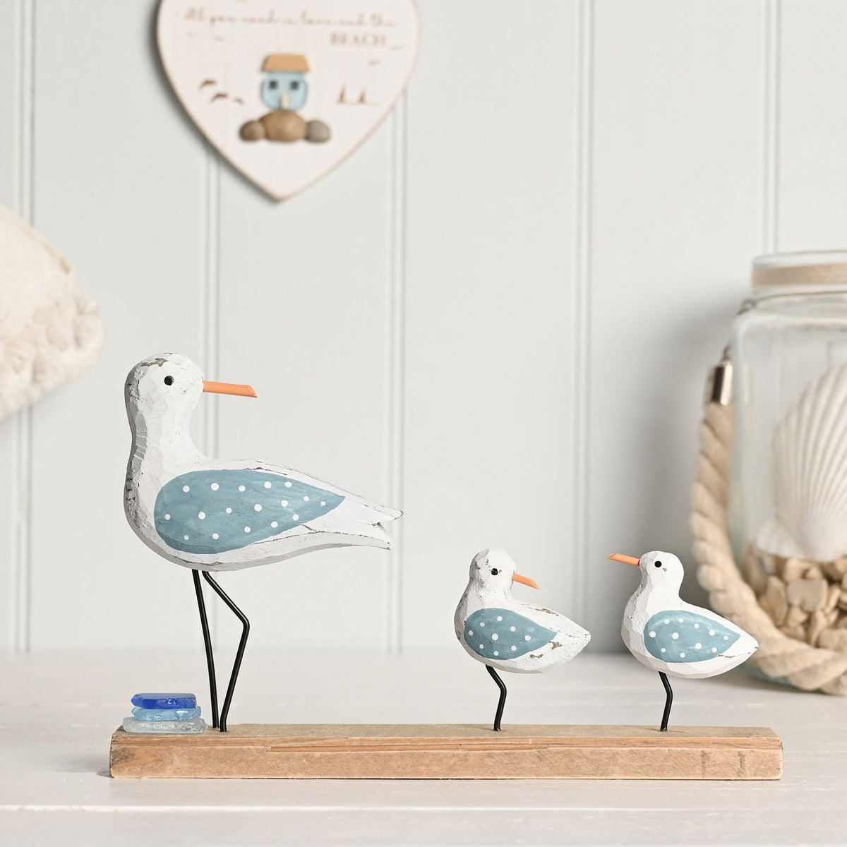 Seagulls Driftwood & Sea Glass Ornament 24cm - White & Natural