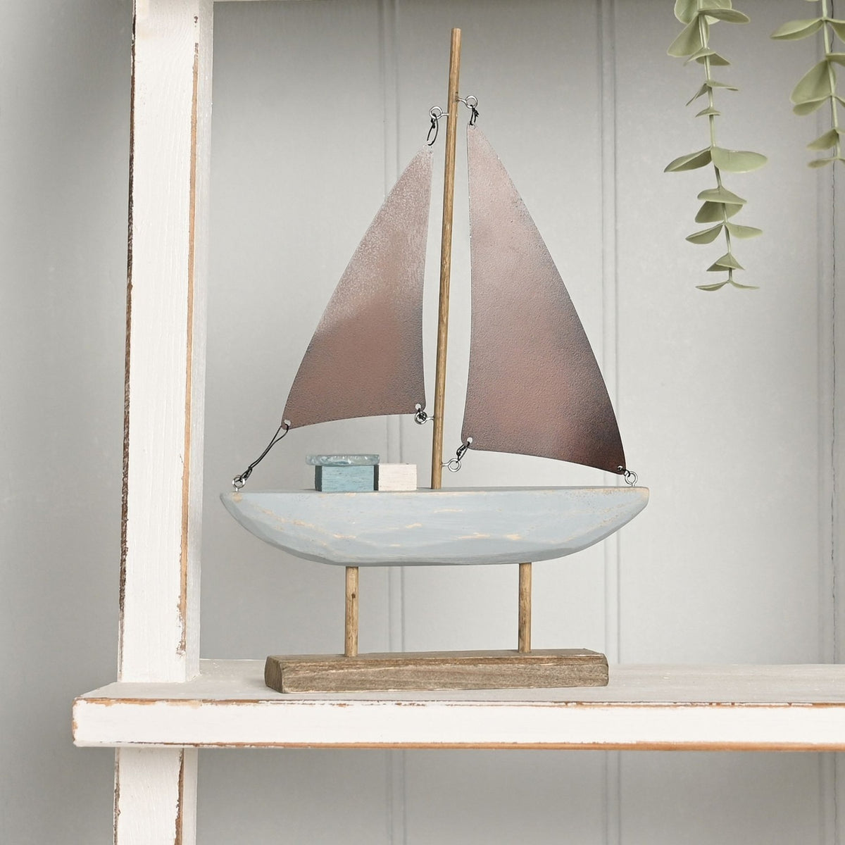 Driftwood Boat Ornament with Sea Glass 26cm - Brown & White