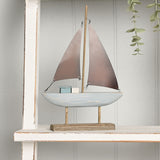Driftwood Boat Ornament with Sea Glass 26cm - Brown & White