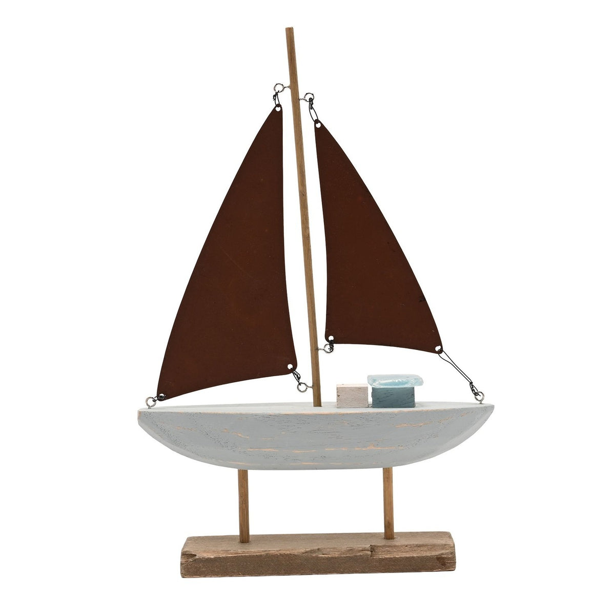 Driftwood Boat Ornament with Sea Glass 26cm - Brown & White