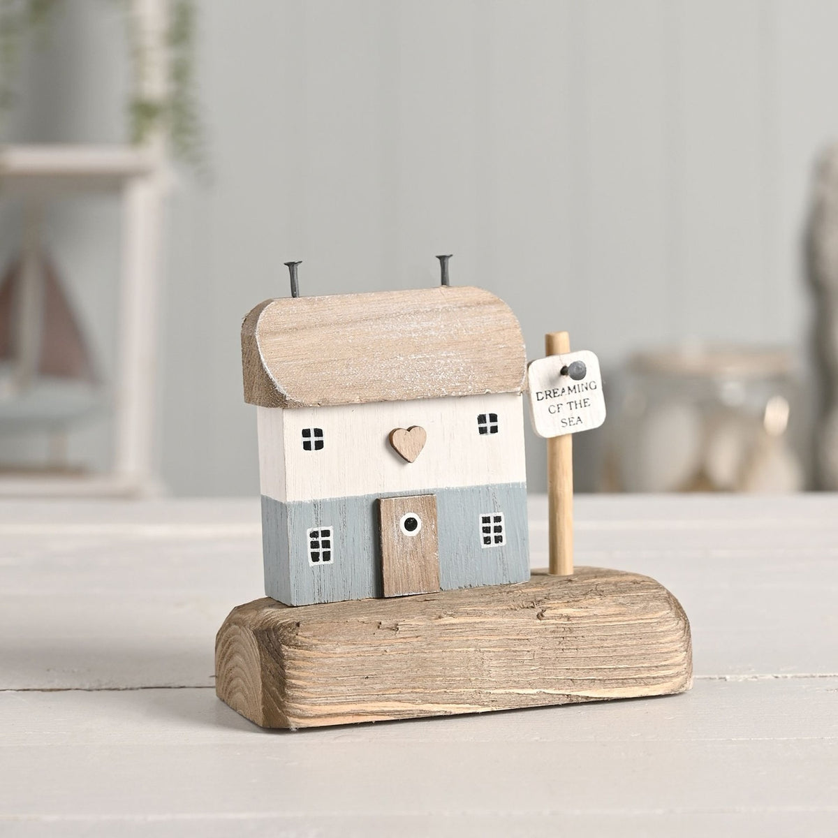 Dreaming of The Sea Wooden House Ornament 12cm - Natural & White