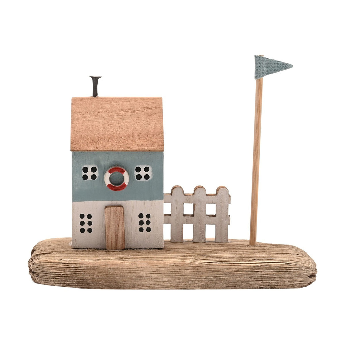 Driftwood House Ornament with Flag 11.9cm - Natural & Blue