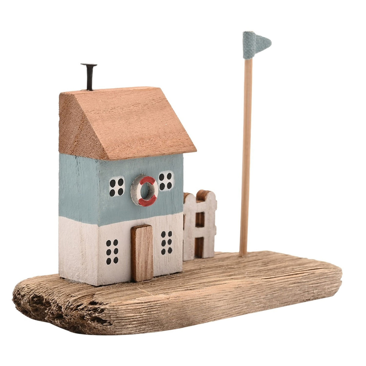Driftwood House Ornament with Flag 11.9cm - Natural & Blue