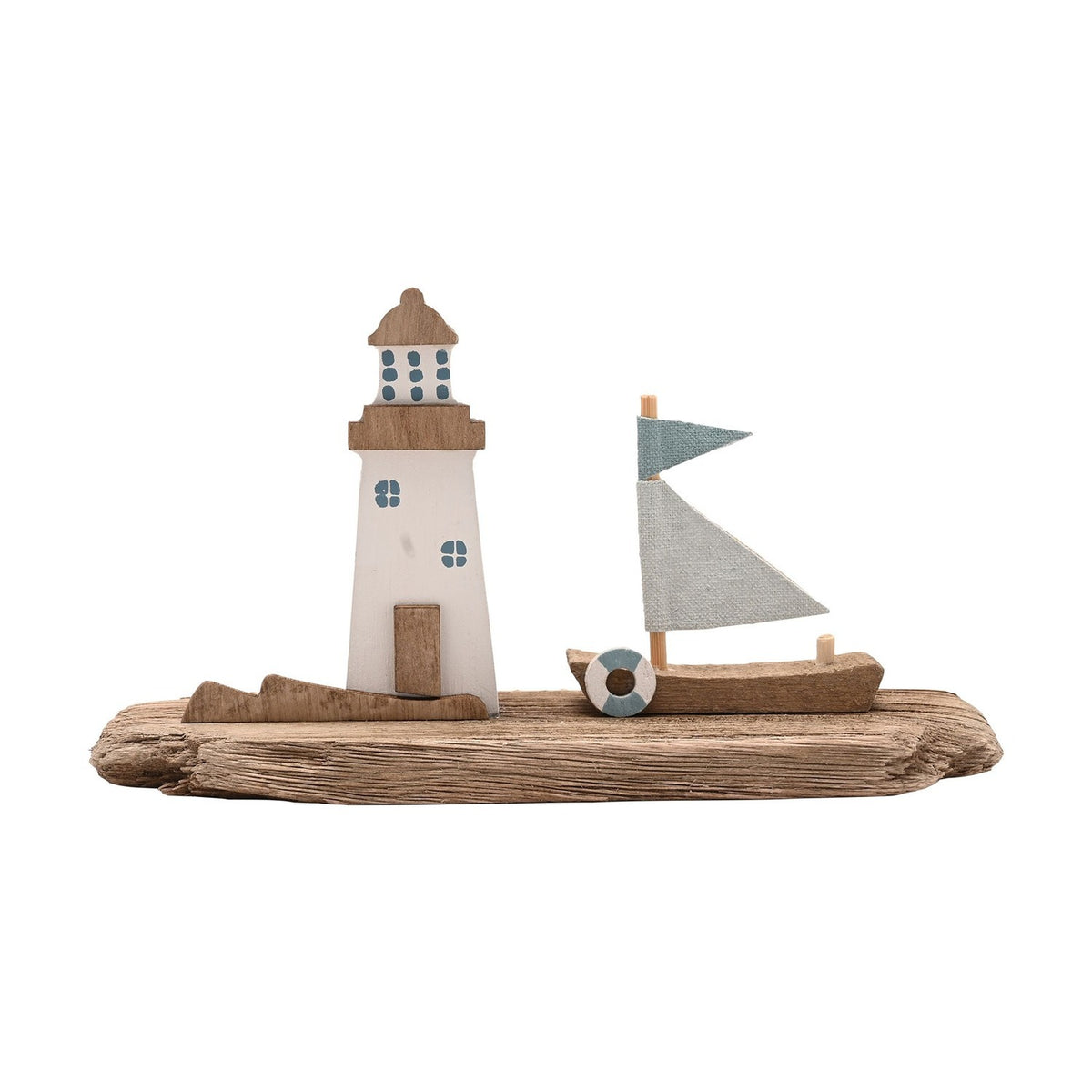 Driftwood Lighthouse & Boat Ornament 19.1cm - Natural & White