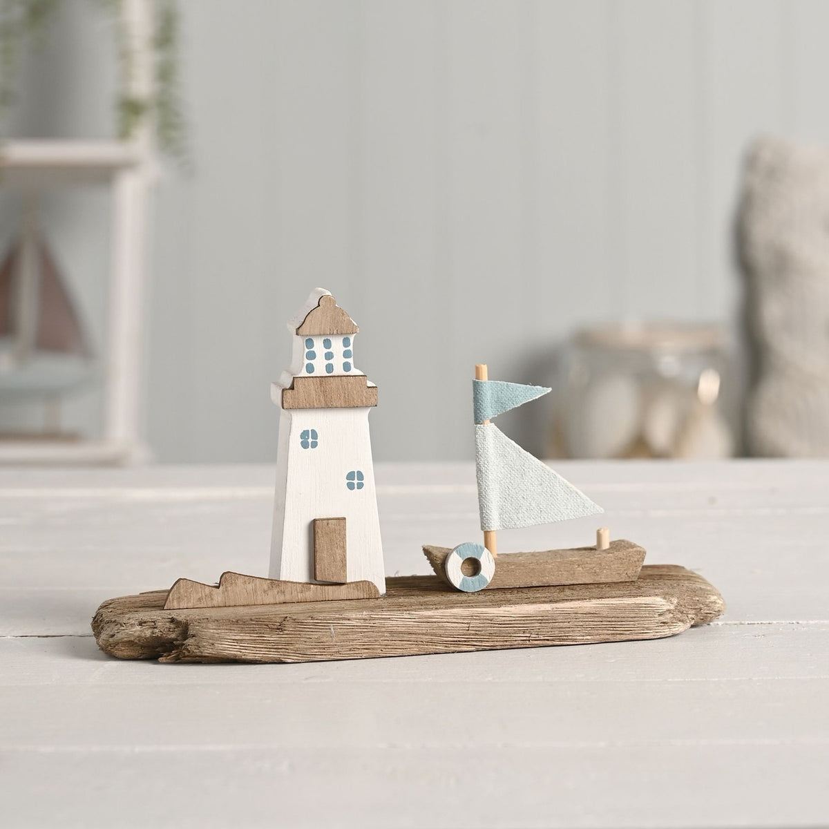 Driftwood Lighthouse & Boat Ornament 19.1cm - Natural & White