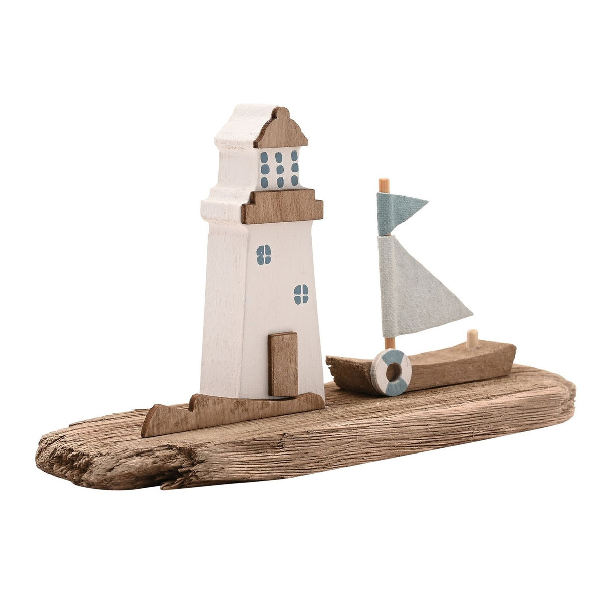Driftwood Lighthouse & Boat Ornament 19.1cm - Natural & White