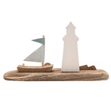 Driftwood Lighthouse & Boat Ornament 19.1cm - Natural & White
