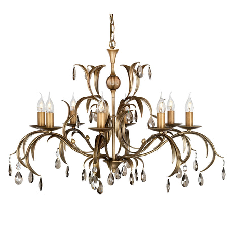 The Lily 8 Light Chandelier - Bronze Patina features an intricate bronze finish and eight candle-shaped bulbs. Its elegant curved, leaf-like metal designs are enhanced by smoked cut glass droplets, offering a timeless and classy look.