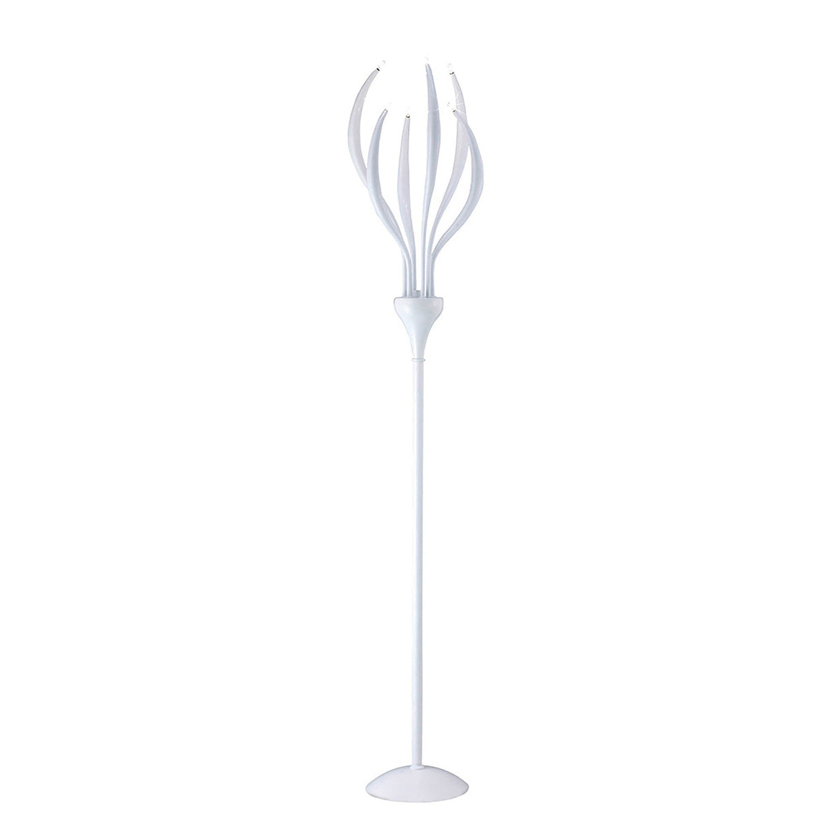 The Llamas 6 Light Floor Lamp in gloss white features a tall, modern design with multiple curved arms atop a circular base—resembling sculptural branches and adding sophisticated elegance to your entryway.
