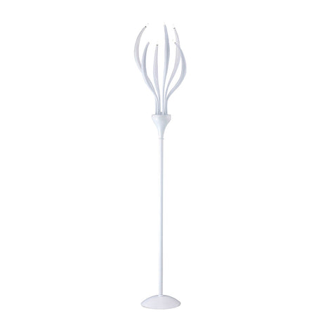 The Llamas 6 Light Floor Lamp in gloss white features a tall, modern design with multiple curved arms atop a circular base—resembling sculptural branches and adding sophisticated elegance to your entryway.