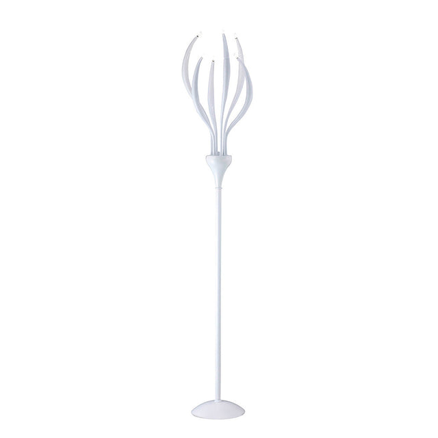 The Llamas 6 Light Floor Lamp in gloss white features a tall, modern design with multiple curved arms atop a circular base—resembling sculptural branches and adding sophisticated elegance to your entryway.