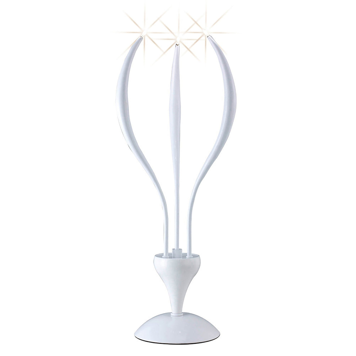 The Llamas 3 Light Table Lamp in gloss white features a modern sculptural design, standing upright on a round base. Its sleek lines and curved elements evoke elegance and sharpness, making it a stylish addition to any space.