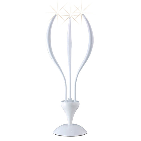 The Llamas 3 Light Table Lamp in gloss white features a modern sculptural design, standing upright on a round base. Its sleek lines and curved elements evoke elegance and sharpness, making it a stylish addition to any space.