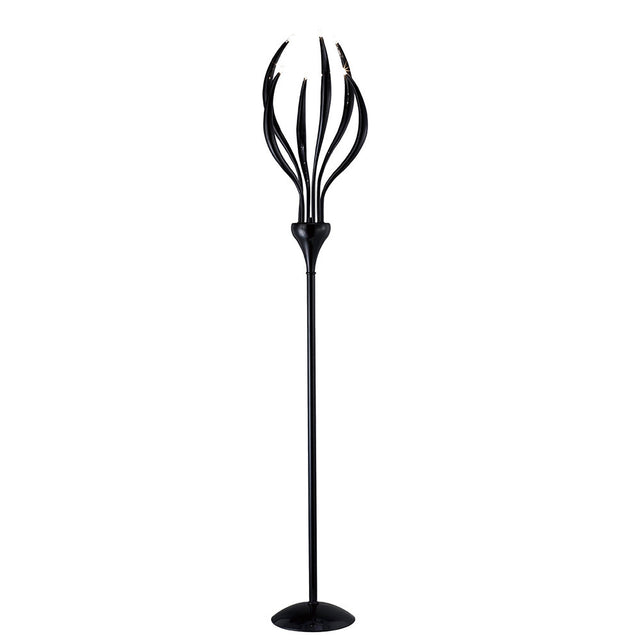 The Llamas 6 Light Floor Lamp - Black features a tall, slender pole and multiple curved arms, creating a striking modern statement piece that delivers bold ambient lighting at the top.