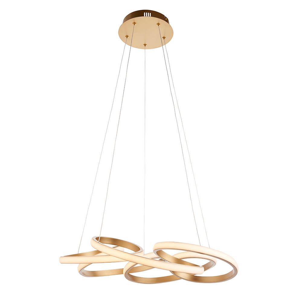 Tolmere Multi Spiral LED Pendant in satin gold from Lighting No.1, a continuous looped ribbon suspended by three slim cables from a round ceiling plate.
