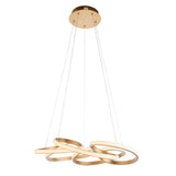Tolmere Multi Spiral LED Pendant in satin gold from Lighting No.1, a continuous looped ribbon suspended by three slim cables from a round ceiling plate.