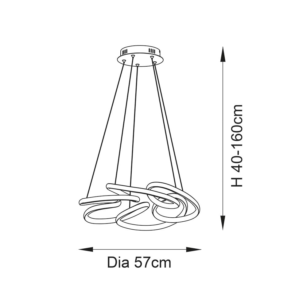 Dimension diagram of the Tolmere Multi Spiral LED Pendant by Lighting No.1, showing a 57cm diameter spiral fitting with an adjustable 40–160cm drop.