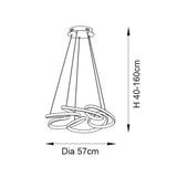 Dimension diagram of the Tolmere Multi Spiral LED Pendant by Lighting No.1, showing a 57cm diameter spiral fitting with an adjustable 40–160cm drop.