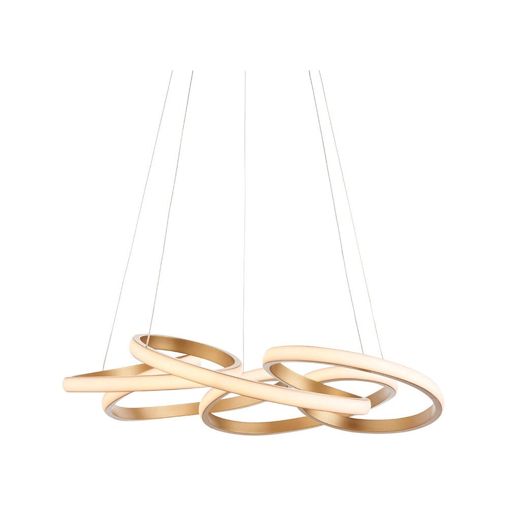 Tolmere Multi Spiral LED Pendant by Lighting No.1 in satin gold, a continuous looped metal ribbon forming an integrated LED fitting on a white background.