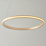 Ashenhurst LED Ring Pendant by Lighting No.1 in satin gold, a slim illuminated circular ring suspended by thin cables against a light grey background.