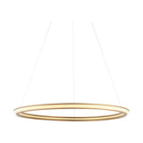Ashenhurst LED Ring Pendant in satin gold by Lighting No.1, a single slim illuminated circle suspended on thin cables against a white background.