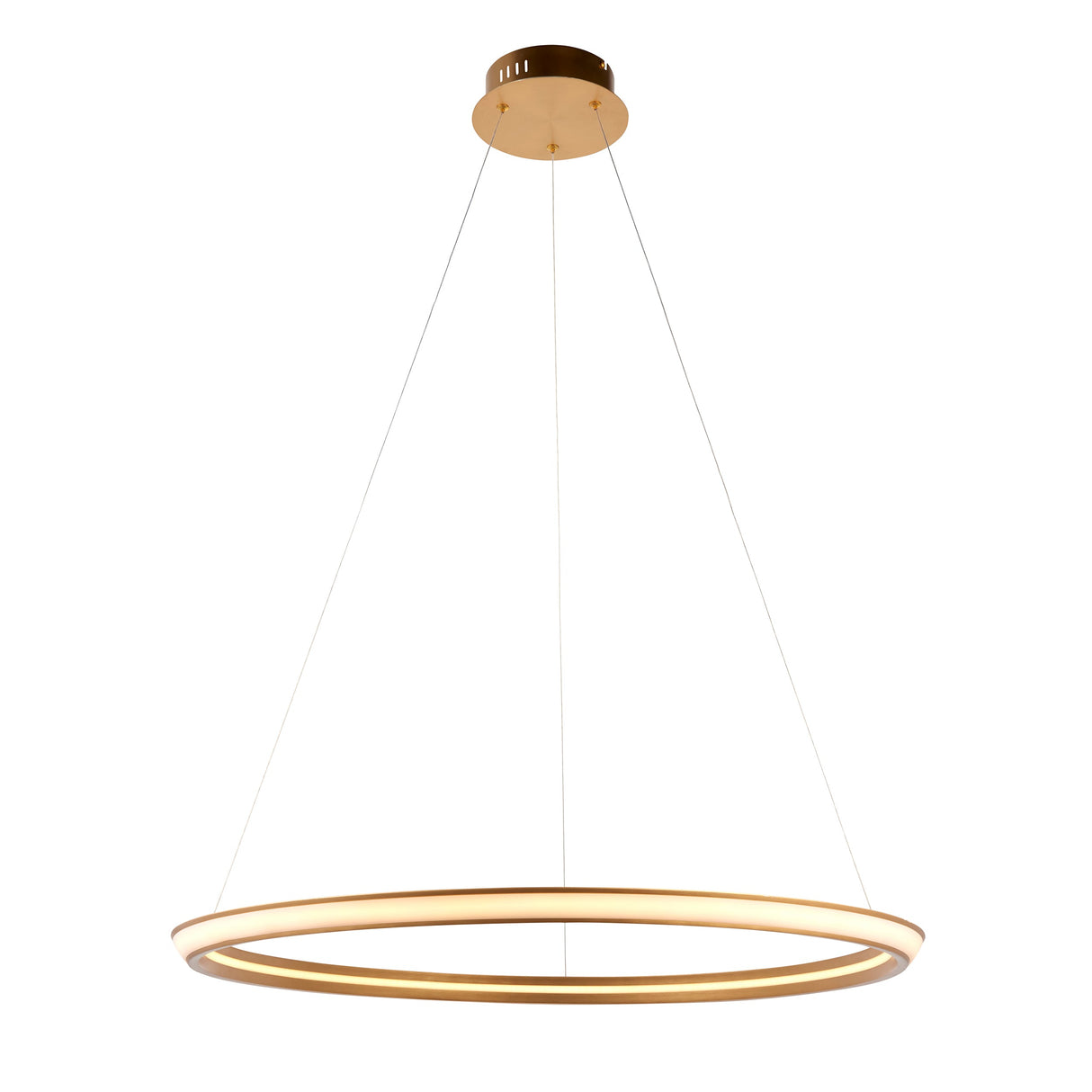 Ashenhurst LED Ring Pendant by Lighting No.1 in satin gold, a single slim metal ring suspended by cables from a round ceiling plate.